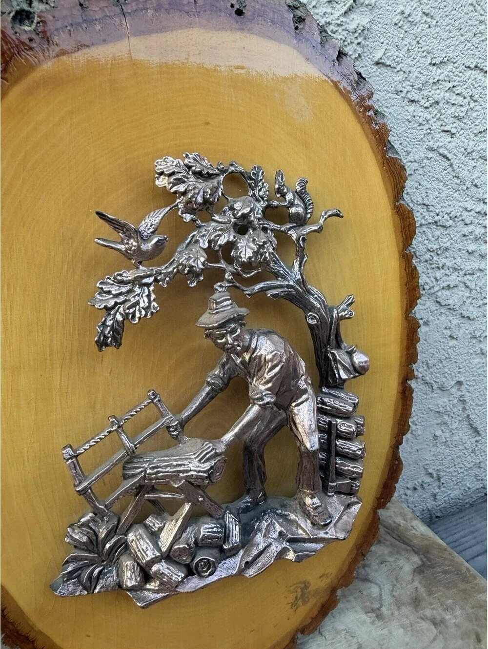 Vintage German 3D Metal Woodcutter Plaque Tree Slice Folk Art Personal Note